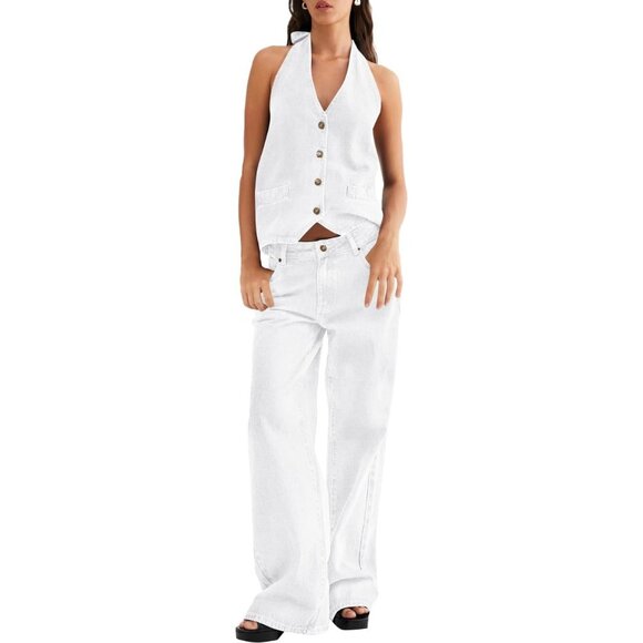 White Fisoew Women Two Piece Denim Set Backless Top Wide Leg Jeans Jacket Suite